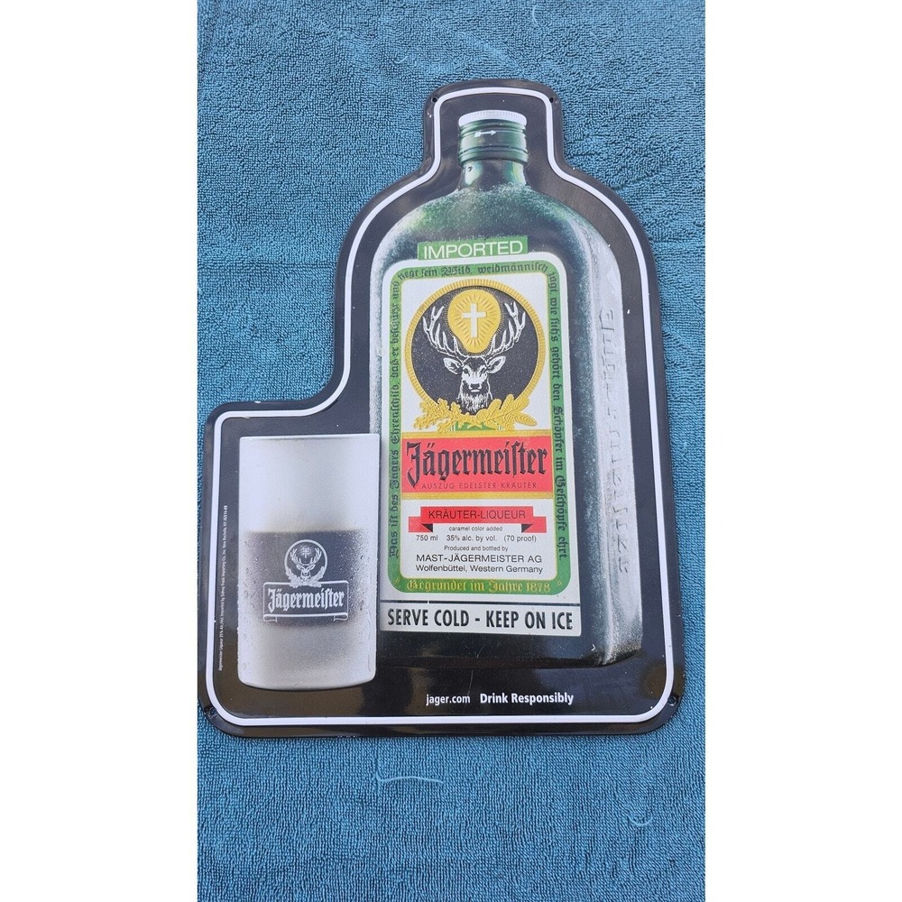 Jagermeister Bottle Shaped Tin Metal Bar‎ Wall Sign 15" tall 10.5"wide